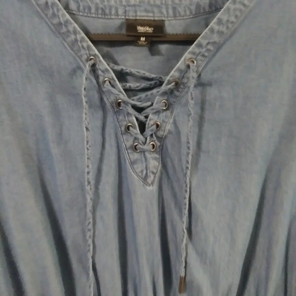 Mossimo Blue Chambray Lace Up V-Neck Roll Tab Sleeve Dress Medium - Picture 3 of 5